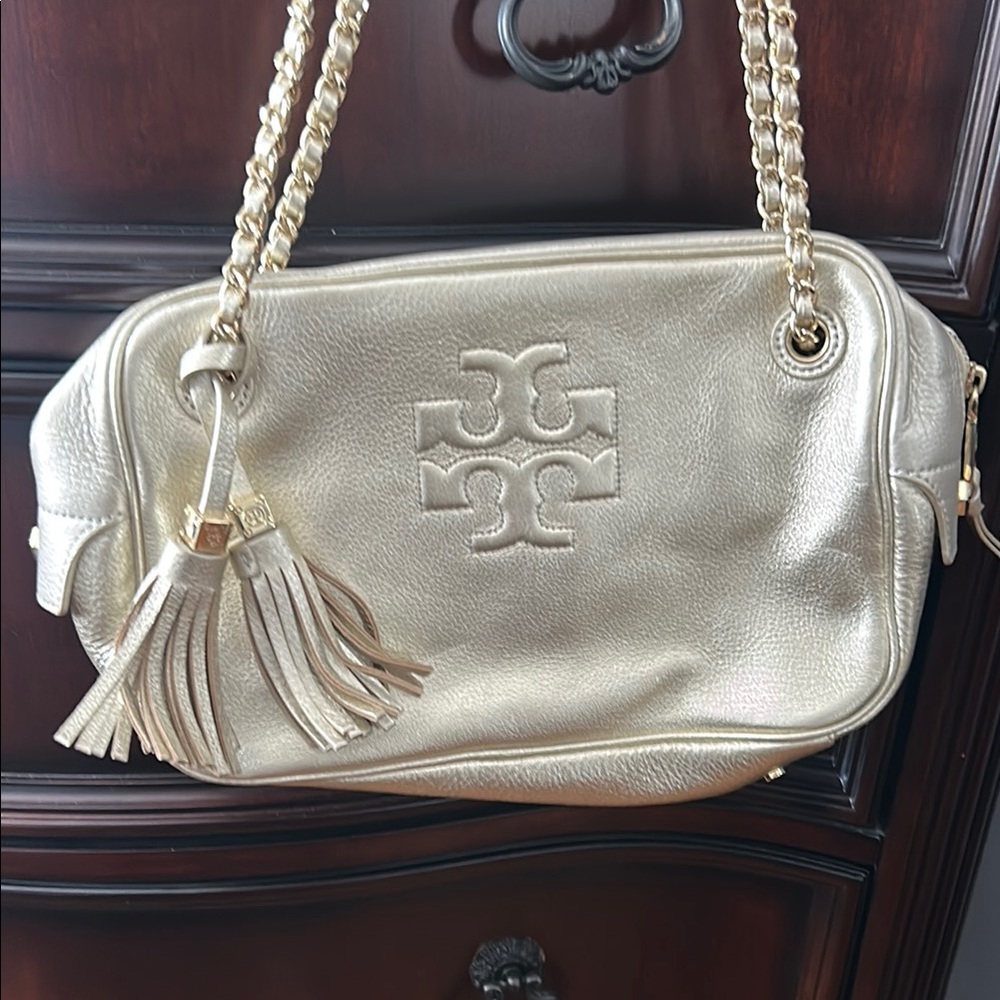 Tory Burch Gold Metallic Shoulder Bag with Chain Straps
